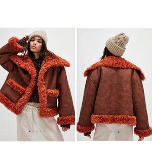 Free People Red Kiki Sherpa Oversized Boxy Vegan Leather Jacket size XL